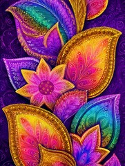 Colorful abstract design featuring vibrant leaves and flowers on a dark purple background with intricate patterns