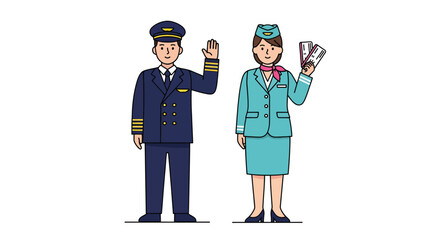 Cartoon Pilot and Flight Attendant in Uniforms Waving.