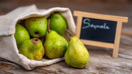 Fresh green pears spilling from a linen sack onto a rustic wooden surface next to a small chalkboard with text