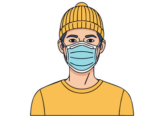 stylish  man wearing a yellow beanie and face mask promoting safety Clean modern illustration with a teal background -Mask Breathe Safe- text Suitable for health and wellness campaigns