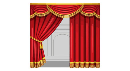 Elegant Red Velvet Stage Curtains with Decorative Gold Trim, Ready to Reveal a Grand Performance