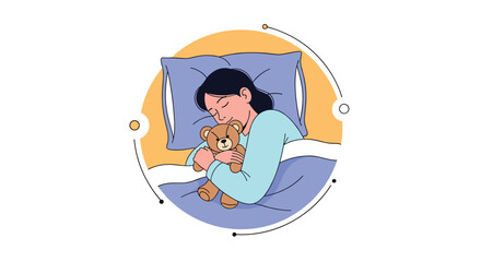 Young woman sleeping peacefully in her bed at night while hugging a cute and comforting brown teddy bear illustration.