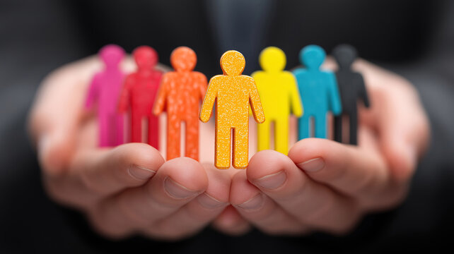 Businessman protecting diverse team figures in hands showing unity and human resources