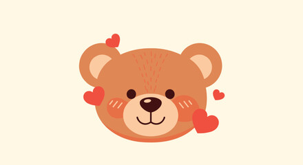 Naklejka premium Cute and charming teddy bear face surrounded by small floating red hearts for Valentine's Day or a love concept.