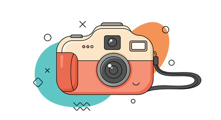 Cute and smiling cartoon camera character with a friendly face shown against a background of colorful abstract shapes.