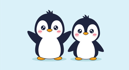 Fototapeta premium Adorable illustration of two cute baby penguin characters standing together against a simple light blue background.
