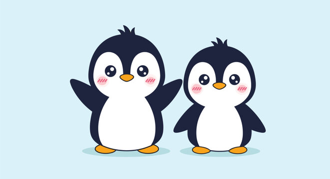 Adorable illustration of two cute baby penguin characters standing together against a simple light blue background.