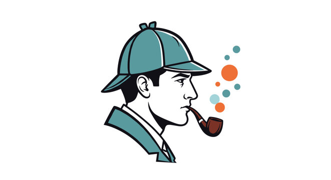 Stylized profile portrait of a classic detective in a deerstalker hat smoking a pipe with colorful bubbles floating out.