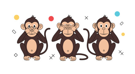 Classic illustration of the three wise monkeys covering their eyes ears and mouth representing see hear and speak no evil.