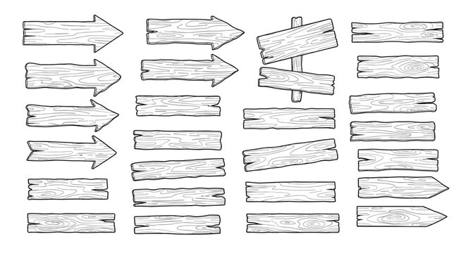 Large collection of hand-drawn vintage wooden signs planks and arrow pointers in a black and white sketch style.