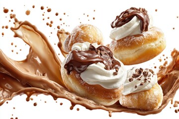 Fototapeta premium Chocolate donuts in mid-air, drenched in a chocolatey explosion