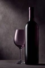 luxury wine bottle with glass and moody lighting, close-up shot, pastel tones, premium look, dramatic rim light, balanced rule of thirds, generic props only