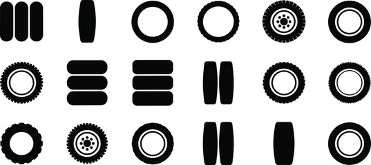 Silhouette of tire icons, tread patterns, vehicle wheels, automotive design, black and white illustration, tire types, off-road, racing, street, dual tires © Akaza