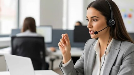A cheerful customer support agent with a headset, smiling and gesturing while talking to a client in a call center. Perfect for positive service concepts