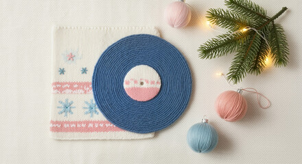 Decorative knitted coaster on textile with Christmas ornaments and greenery  