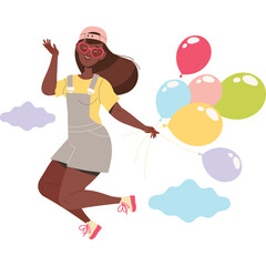 Joyful young woman with dark skin wearing a yellow shirt grey overalls and pink heart glasses jumps holding colorful balloons against a pale background with light blue and purple clouds