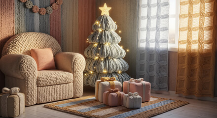 Cozy living room decorated for Christmas with knitted elements and gifts  