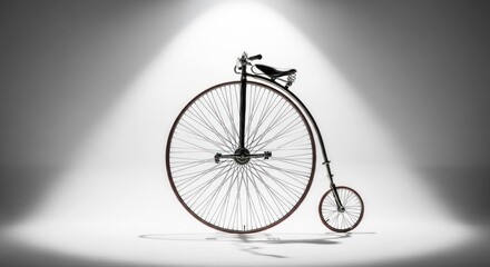Antique high-wheel bicycle spotlighted, large front and small rear wheel