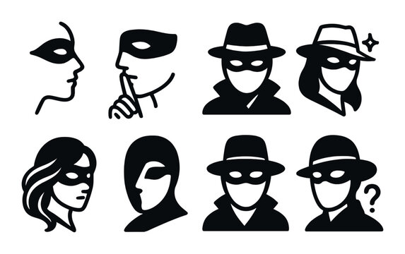 Silhouette icons: mysterious figures in masks and hats
