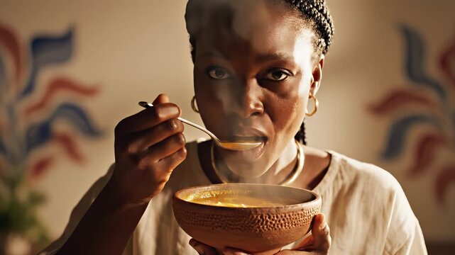African  woman enjoying a bowl of hot Soup Joumou  with steam rising in warm light, representing healthy eating concept and home comfort