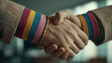 Office handshake between business professionals wearing rainbow and transgender pride cuffs