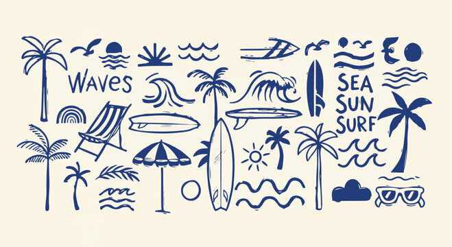 Hand Drawn Summer Beach Doodle Vector Set. Surfing, Palm Tree, and Ocean Elements Collection. isolated PNG with Transparent Background