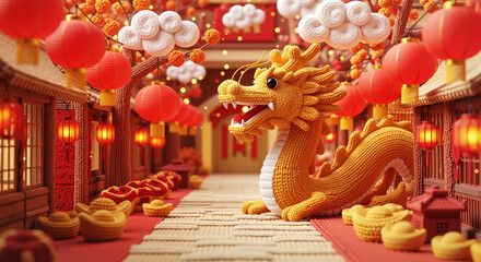Decorative golden dragon sculpture in a festive lantern-lit street  
