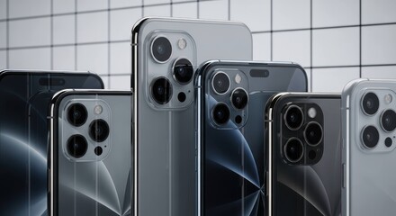 Array of modern smartphones with prominent camera lenses, neutral background