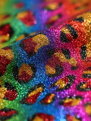 Colorful and sparkly leopard print fabric shining under bright light