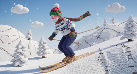 Elderly man skiing down snowy hill in winter landscape with trees  