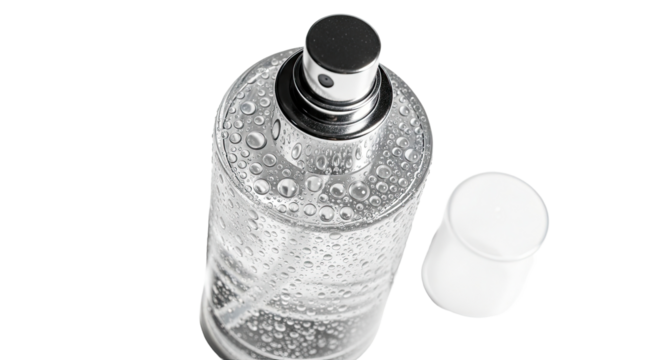 Crystal clear cosmetic spray bottle with glossy droplets on white 