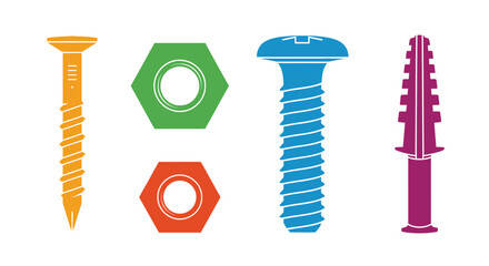 Colorful illustration depicting various types of fasteners screws bolts and nuts