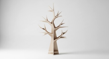 Bare tree sculpture, constructed of cardboard, centered against white backdrop