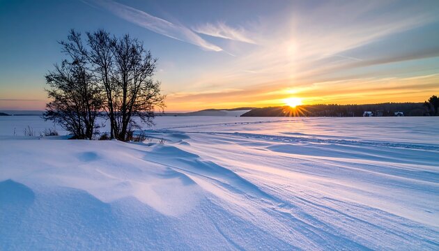 Winter landscape depicts a sunrise over a snow-covered field. A bare tree stands in the foreground, and the sun's rays burst through the clouds - Powered by Adobe