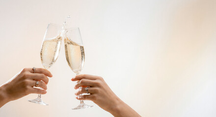 Two female hands holding champagne glasses toasting with copy space celebration party background luxury alcohol drink sparkling wine cheers success wedding anniversary happiness new year eve festival