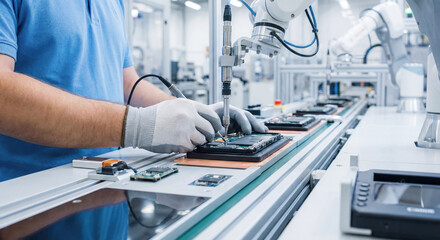 Factory worker hands assembling electronic components on production line manufacturing industry technology engineering precision automation microchip circuit board manual labor quality control
