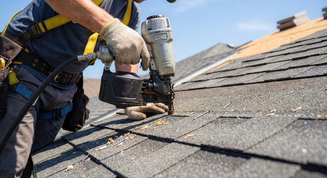 Roofer construction worker installing asphalt shingles on house roof with pneumatic nail gun tool building repair renovation maintenance professional occupation exterior home improvement labor safety 