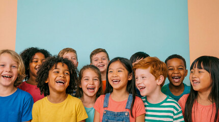 Diverse group of happy children hugging looking at camera smiling celebration international world children day multiethnic friendship togetherness school education classmates unity joy studio portrait