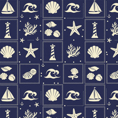 Nautical lighthouse shell and wave icons seamless pattern in marine theme