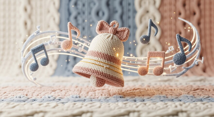 Knitted bell ornament with musical notes on textured background  