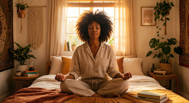 Beautiful African American woman meditating with eyes closed smiling peaceful mental health mindfulness relaxation calm home lifestyle portrait wellness zen happy inner balance breathe stress relief
