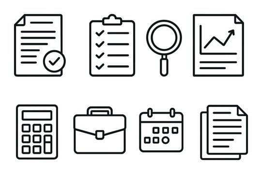 Business and office icon set with documents and calculator on gray background