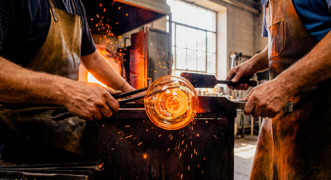 Glassblower craftsman working with hot molten glass in workshop furnace fire manufacturing art handmade creation blowing heat orange glow factory skill traditional master production industry artist - Powered by Adobe