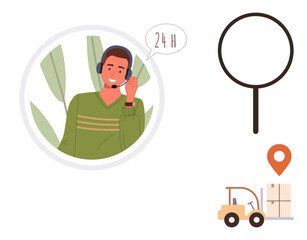 Smiling customer support agent in headset, speech bubble with 24H, magnifying glass, forklift moving boxes, location pin. Ideal for customer service, logistics, delivery, search business