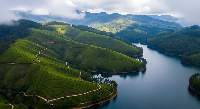 Aerial view of green tea plantations and lake