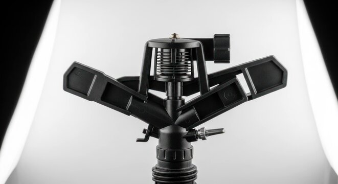 Black lawn sprinkler with arms, rotating head, on white backdrop, centered