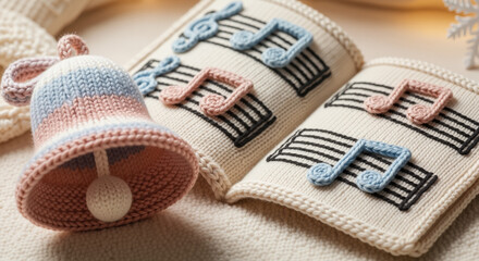 Knitted bell and music notes book in gentle pastel colors for Christmas  
