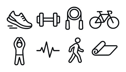 Fitness icons set: running shoes, dumbbells, jump rope, bicycle, exercise, yoga mat