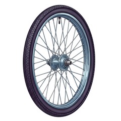 Naklejka premium Complete bicycle wheel with black tire and chrome rim isolated on a white background.