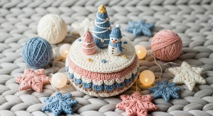 Knitted decorations with snowman and trees on cozy gray background - Concept of Christmas and New Year - A delicate knitted world  